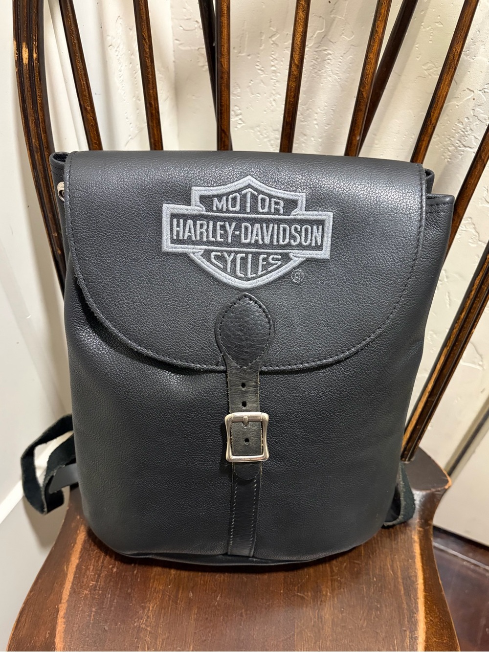 Vintage Heavy Leather Harley Davidson Embroidered Backpack Sling Bag Genuine